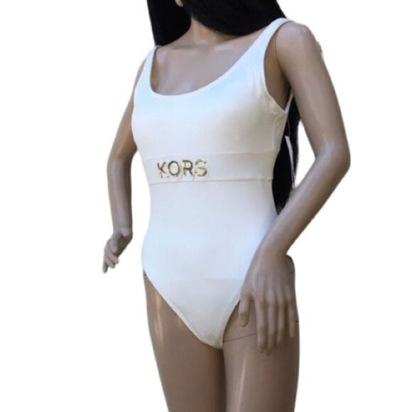 Michael Kors New One Piece White Signature Logo Swimsuit 6 NWT - Picture 9 of 13